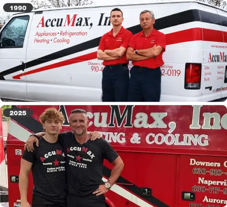 AccuMax, Inc. owners in 1990 and 2025 in front of the company service vehicles in Aurora, IL