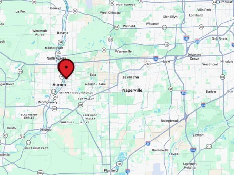 Map of the AccuMax, Inc. HVAC service area centered on Aurora, IL and the western Chicago suburbs