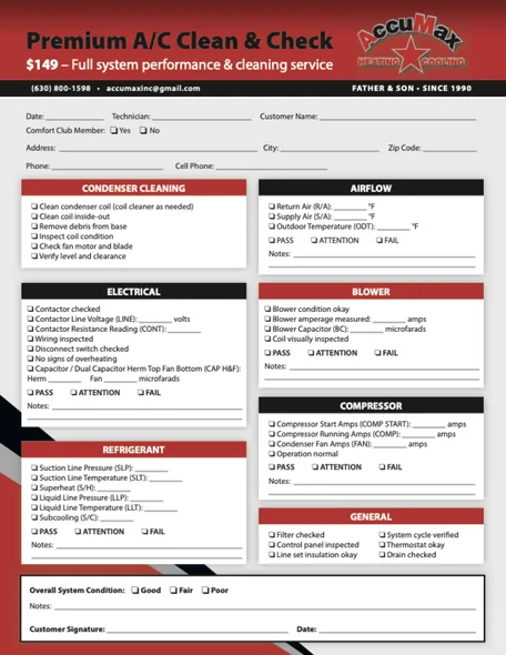 First page of the AccuMax Premium A/C Clean & Check form, showing the condenser cleaning, airflow, electrical, refrigerant, blower, compressor and general inspection sections