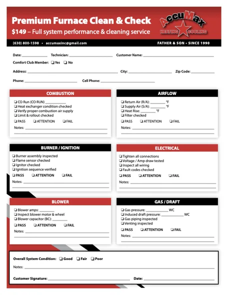 First page of the AccuMax Premium Furnace Clean & Check form, showing the combustion, airflow, burner and ignition, electrical, blower and gas and draft inspection sections
