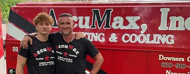 AccuMax father and son technicians performing HVAC maintenance at an Aurora, IL home