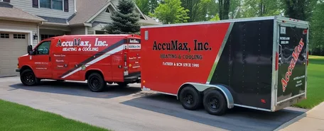 AccuMax, Inc. service truck and branded equipment trailer parked in a western Chicago suburb driveway